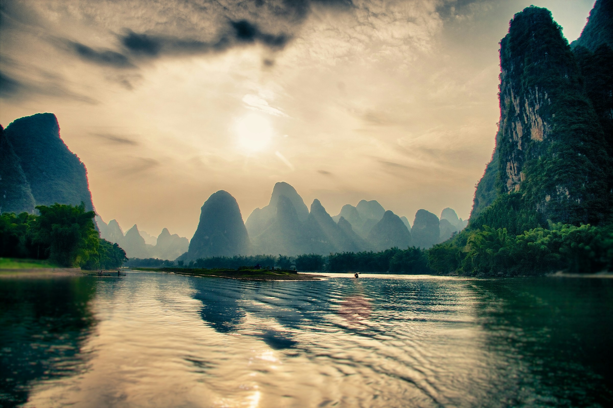 Karst mountains and the Li River near Guilin at sunset