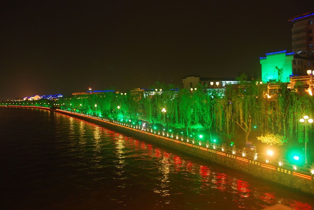 Lights reflected on a river beside willow trees in Yangzhou at night; a city atmosphere photograph